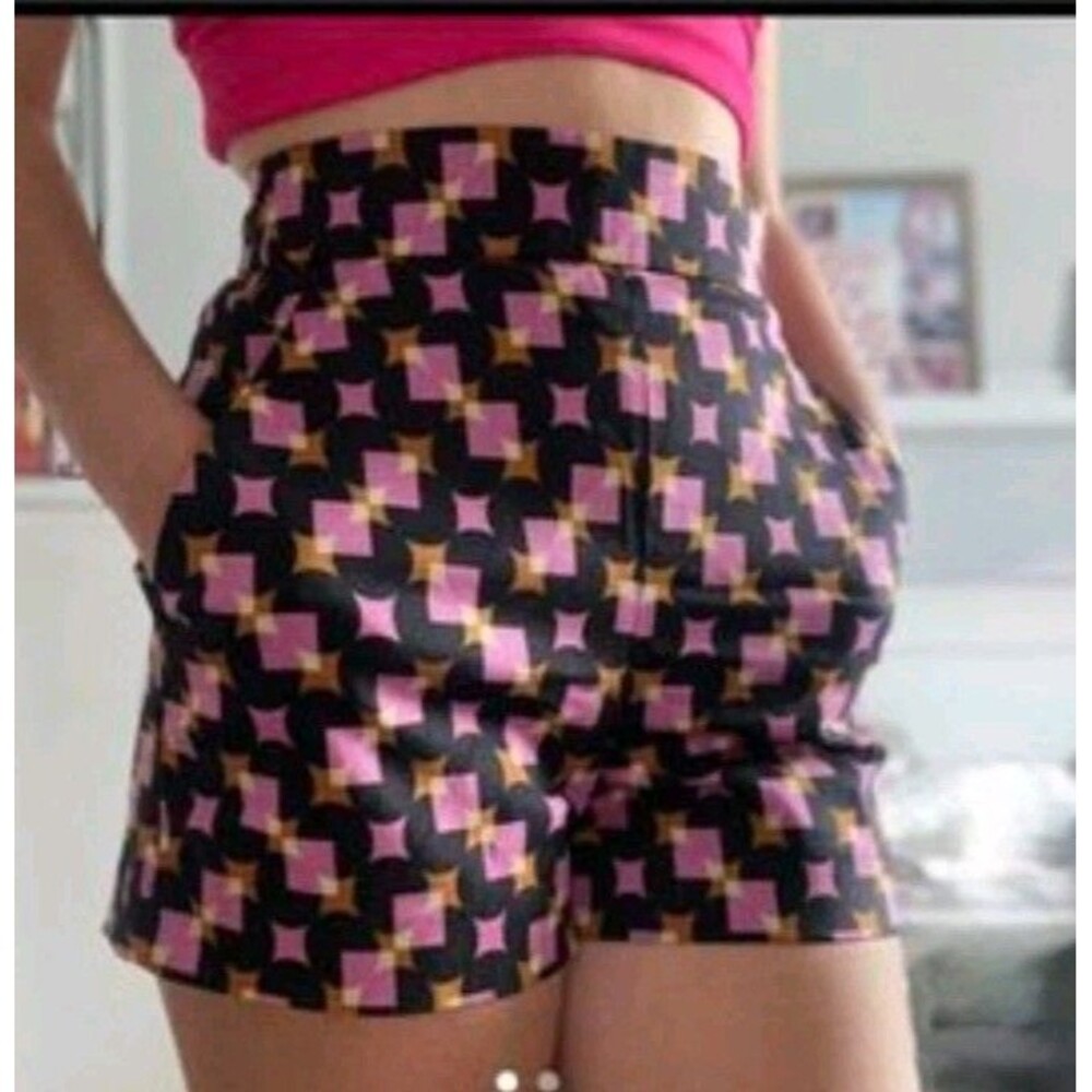 Zara -Black Shorts w/Pink & Orange Geometric Print. Size L. EUC
